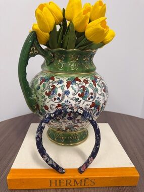 Hermès Floral Fabric Padded Headband Women Navy Multicolor Boutique Statement